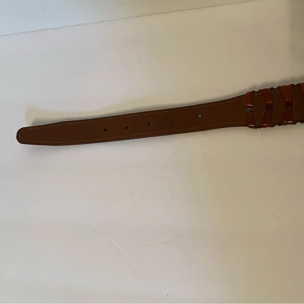 TORINO BELT BROWN LEATHER WOVEN & SMOOTH USA GOLD TONE ITALY BUCKLE SIZE 38